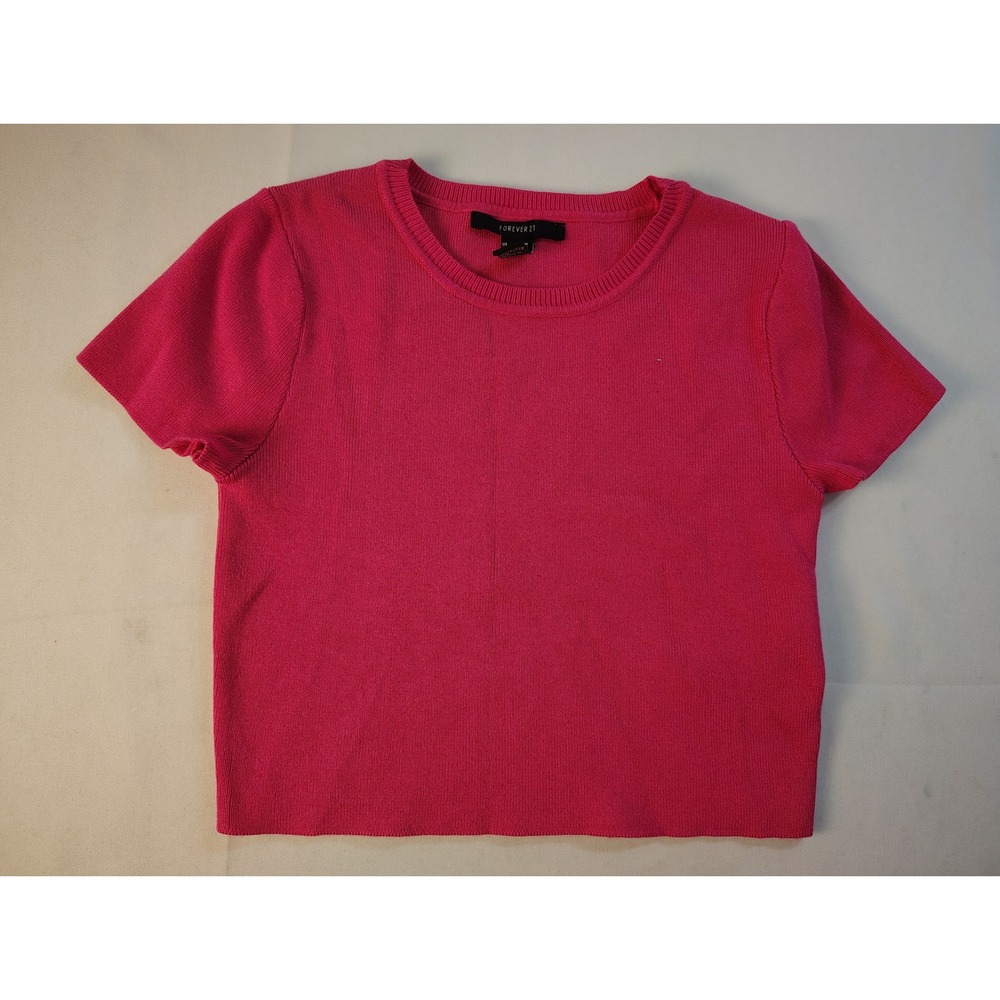 Forever 21 Womens Hot Pink Ribbed Knit Short Sleeve Crop Top Size M Y2K